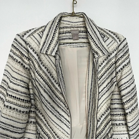 Chico’s Tweed Jacket Size 3 (16-18) Stripped Blazer Zip Closure Side Pockets - Picture 11 of 16